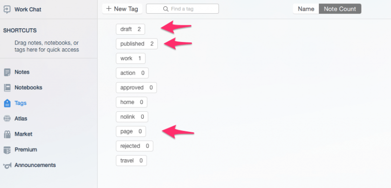 Tags in Evernote for Sentinote